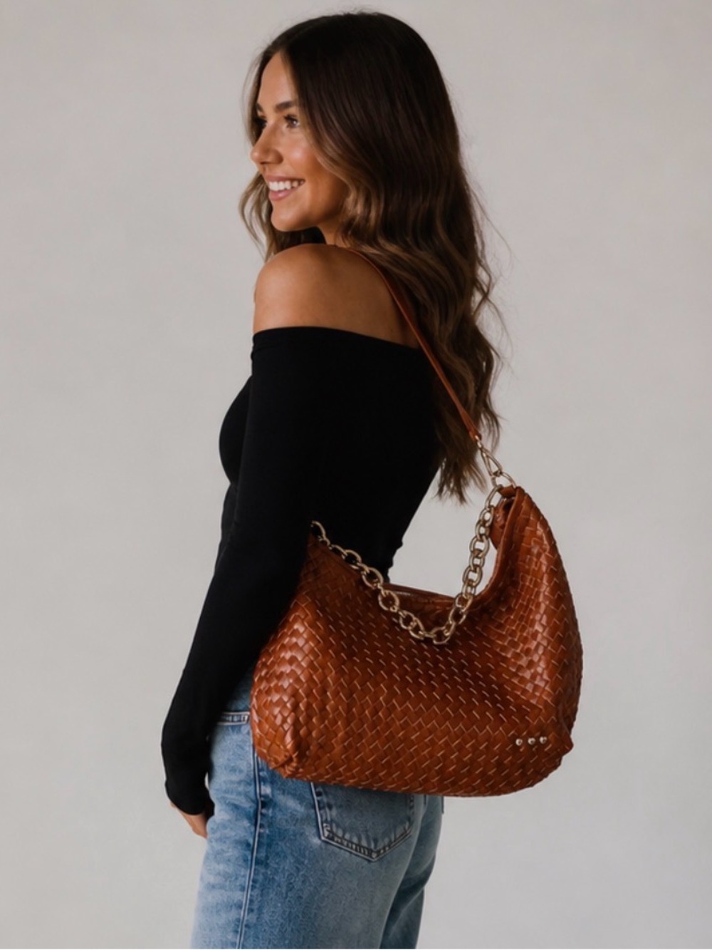 Pretty Simple Sienna Slouchy Woven Shoulder Bag Gold Chain Strap Vegan Leather
